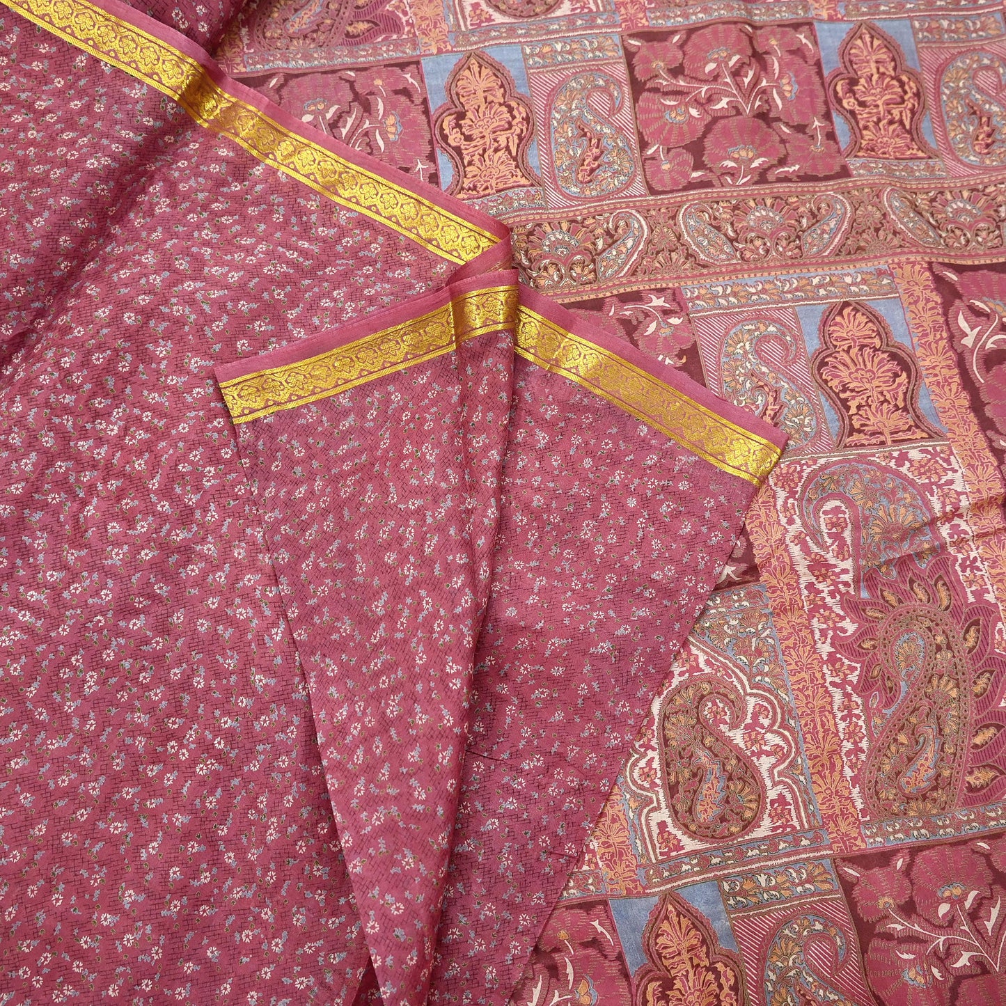 Vintage Pink Pure Silk Saree Indian Printed Silk Fabric 6 Yards Boho Craft Material for Sewing, Quilting, Dressmaking, Upcycling
