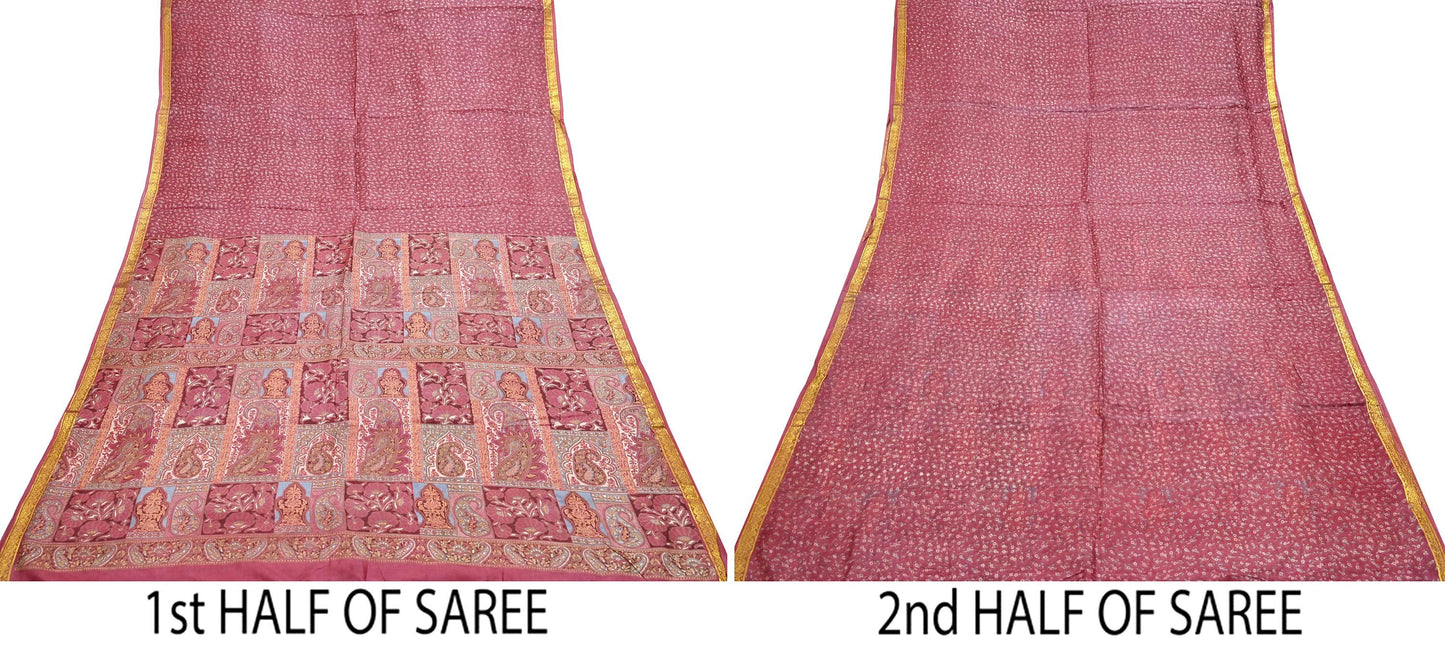 Vintage Pink Pure Silk Saree Indian Printed Silk Fabric 6 Yards Boho Craft Material for Sewing, Quilting, Dressmaking, Upcycling