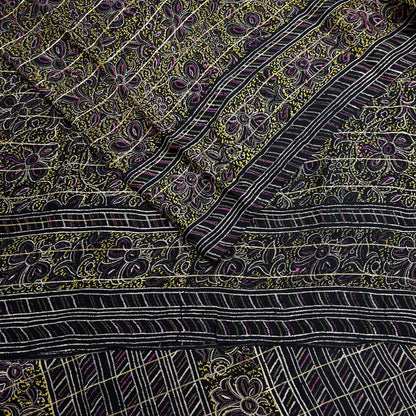 Indian Vintage Black Pure Silk Saree Fabric Floral Print Craft Silk Upcycled Sewing Material Quilting, Dressmaking, Boho Textile 5 Yards