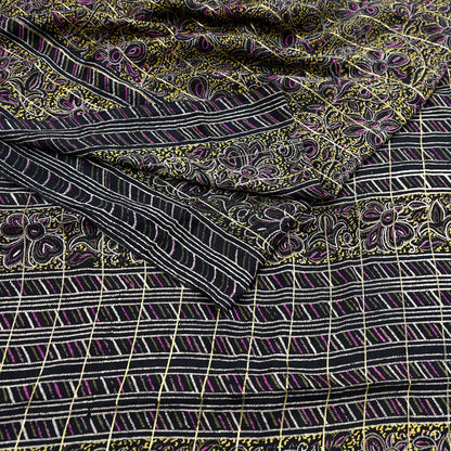 Indian Vintage Black Pure Silk Saree Fabric Floral Print Craft Silk Upcycled Sewing Material Quilting, Dressmaking, Boho Textile 5 Yards