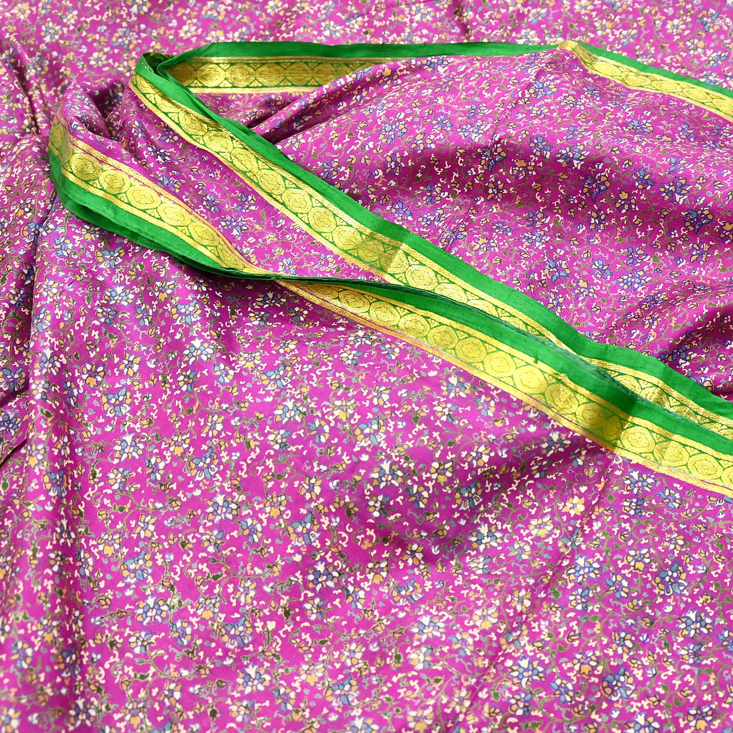 Indian Vintage Pure Silk Saree Fabric Pink & Green Floral Print Craft Silk 5 Yards for Sewing, Quilting, Dressmaking,Upcycled Boho Textile