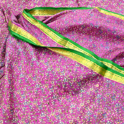 Indian Vintage Pure Silk Saree Fabric Pink & Green Floral Print Craft Silk 5 Yards for Sewing, Quilting, Dressmaking,Upcycled Boho Textile