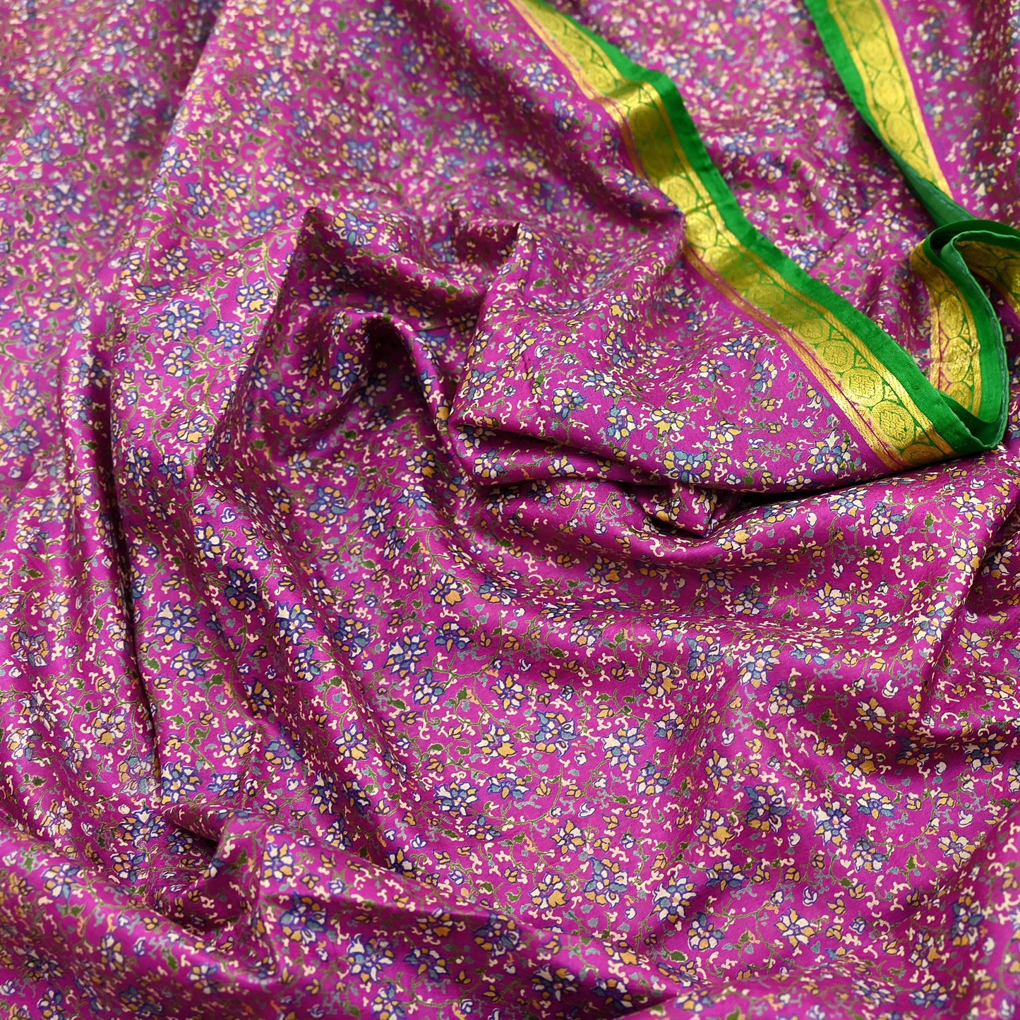 Indian Vintage Pure Silk Saree Fabric Pink & Green Floral Print Craft Silk 5 Yards for Sewing, Quilting, Dressmaking,Upcycled Boho Textile