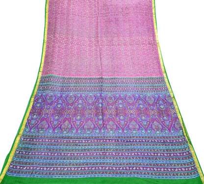 Indian Vintage Pure Silk Saree Fabric Pink & Green Floral Print Craft Silk 5 Yards for Sewing, Quilting, Dressmaking,Upcycled Boho Textile