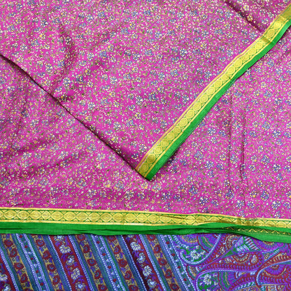 Indian Vintage Pure Silk Saree Fabric Pink & Green Floral Print Craft Silk 5 Yards for Sewing, Quilting, Dressmaking,Upcycled Boho Textile