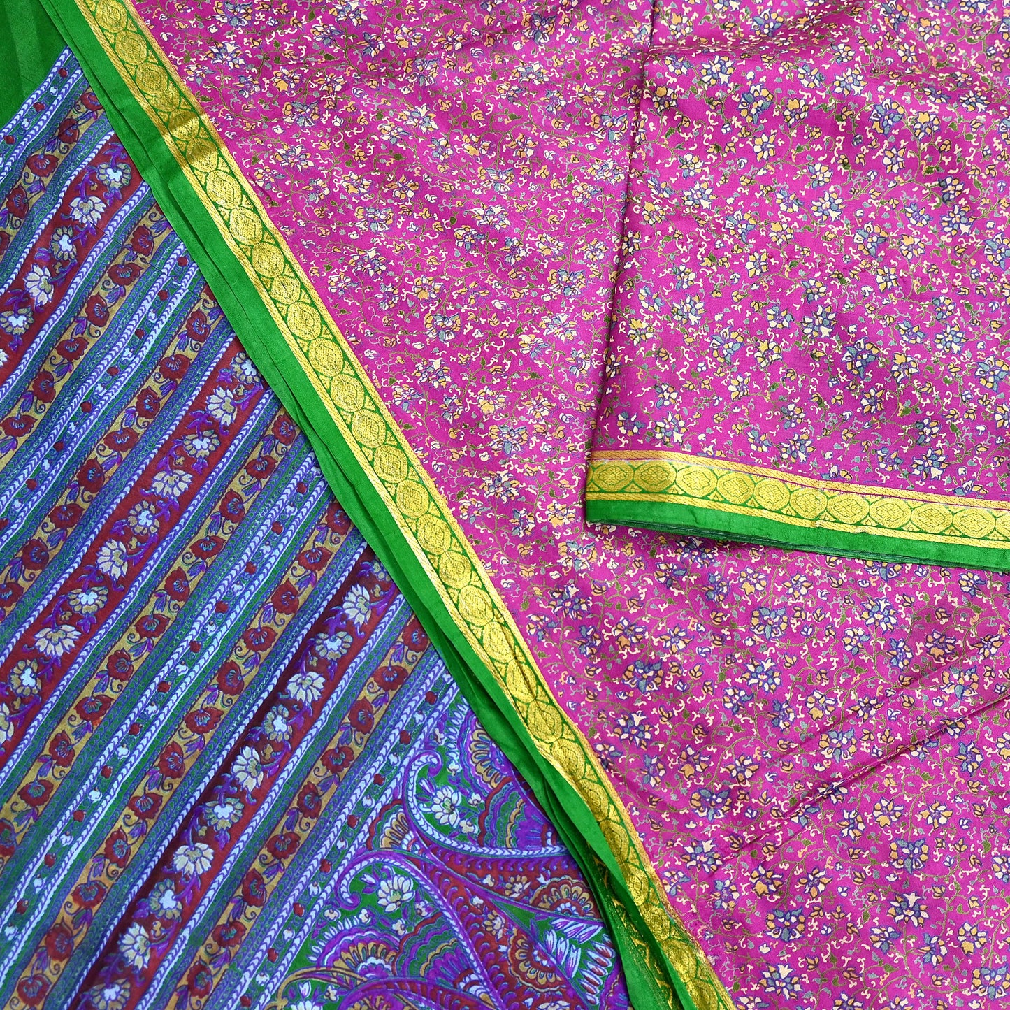 Indian Vintage Pure Silk Saree Fabric Pink & Green Floral Print Craft Silk 5 Yards for Sewing, Quilting, Dressmaking,Upcycled Boho Textile
