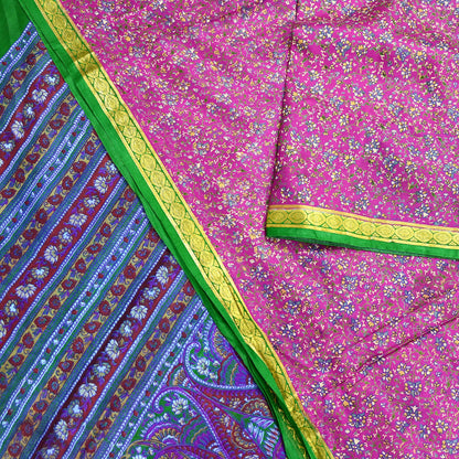 Indian Vintage Pure Silk Saree Fabric Pink & Green Floral Print Craft Silk 5 Yards for Sewing, Quilting, Dressmaking,Upcycled Boho Textile