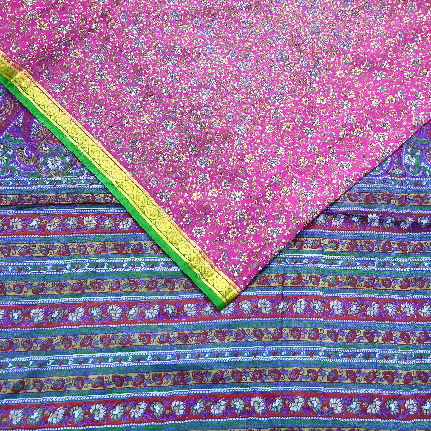 Indian Vintage Pure Silk Saree Fabric Pink & Green Floral Print Craft Silk 5 Yards for Sewing, Quilting, Dressmaking,Upcycled Boho Textile
