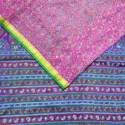 Indian Vintage Pure Silk Saree Fabric Pink & Green Floral Print Craft Silk 5 Yards for Sewing, Quilting, Dressmaking,Upcycled Boho Textile