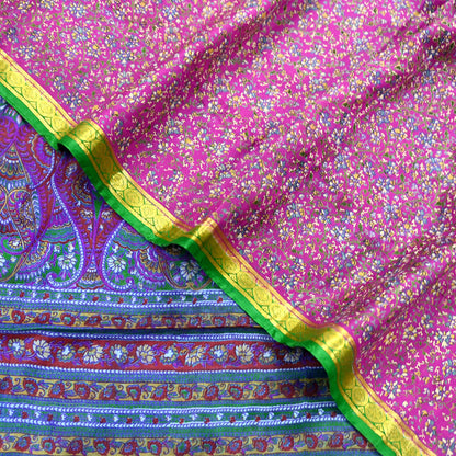 Indian Vintage Pure Silk Saree Fabric Pink & Green Floral Print Craft Silk 5 Yards for Sewing, Quilting, Dressmaking,Upcycled Boho Textile