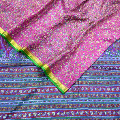 Indian Vintage Pure Silk Saree Fabric Pink & Green Floral Print Craft Silk 5 Yards for Sewing, Quilting, Dressmaking,Upcycled Boho Textile