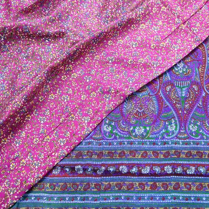 Indian Vintage Pure Silk Saree Fabric Pink & Green Floral Print Craft Silk 5 Yards for Sewing, Quilting, Dressmaking,Upcycled Boho Textile