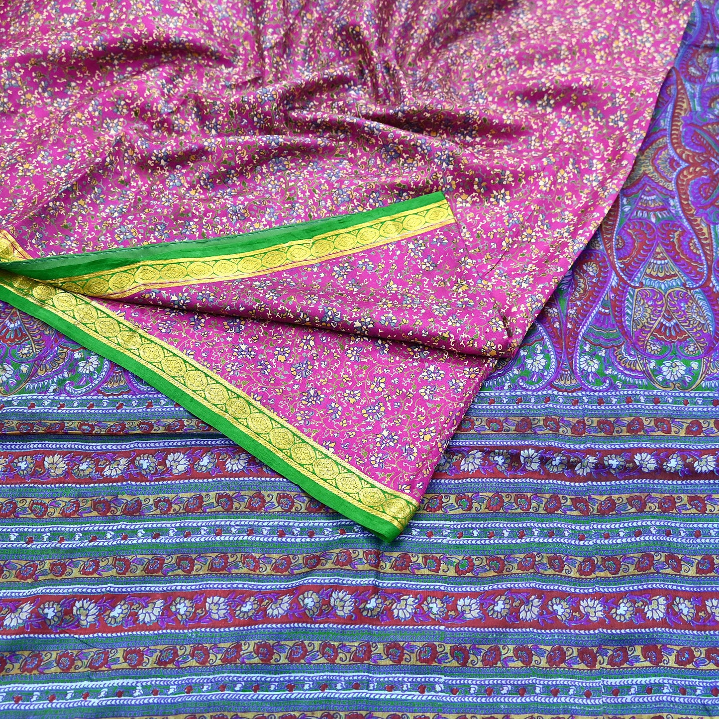 Indian Vintage Pure Silk Saree Fabric Pink & Green Floral Print Craft Silk 5 Yards for Sewing, Quilting, Dressmaking,Upcycled Boho Textile
