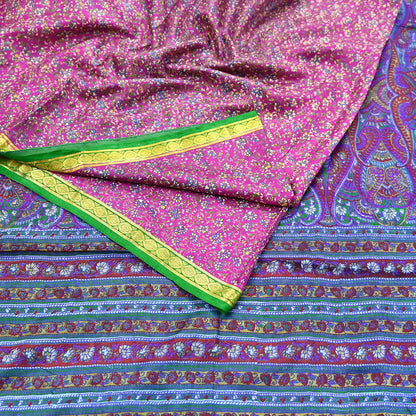 Indian Vintage Pure Silk Saree Fabric Pink & Green Floral Print Craft Silk 5 Yards for Sewing, Quilting, Dressmaking,Upcycled Boho Textile