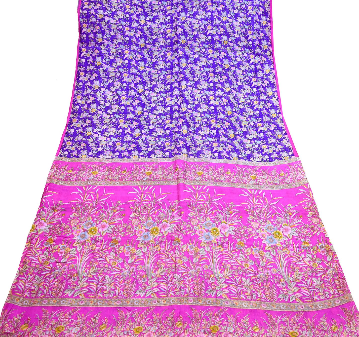 Indian Vintage Pure Silk Saree Fabric Purple & Pink Floral Print Silk 5 Yards Boho Textile for Sewing, Quilting Upcycling Crafts