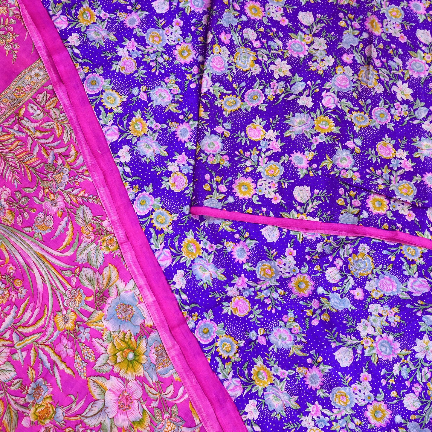 Indian Vintage Pure Silk Saree Fabric Purple & Pink Floral Print Silk 5 Yards Boho Textile for Sewing, Quilting Upcycling Crafts