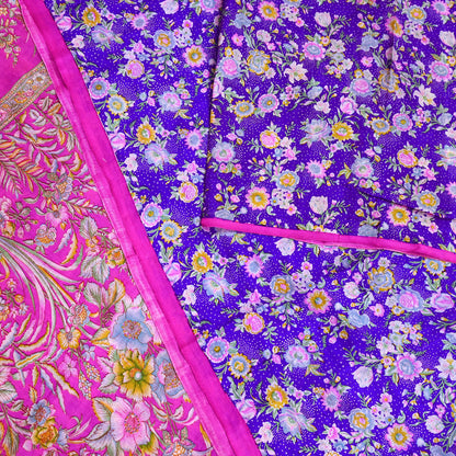 Indian Vintage Pure Silk Saree Fabric Purple & Pink Floral Print Silk 5 Yards Boho Textile for Sewing, Quilting Upcycling Crafts