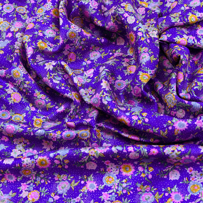 Indian Vintage Pure Silk Saree Fabric Purple & Pink Floral Print Silk 5 Yards Boho Textile for Sewing, Quilting Upcycling Crafts