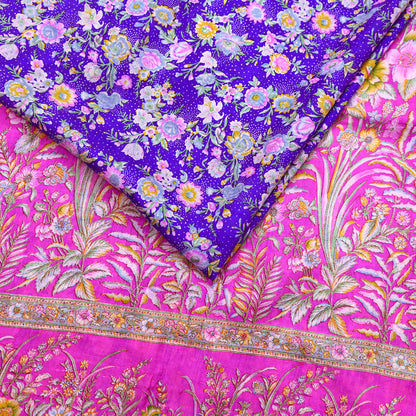 Indian Vintage Pure Silk Saree Fabric Purple & Pink Floral Print Silk 5 Yards Boho Textile for Sewing, Quilting Upcycling Crafts