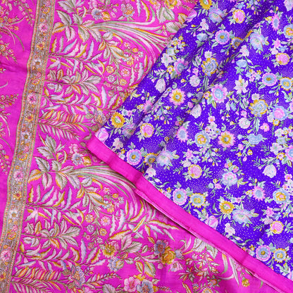 Indian Vintage Pure Silk Saree Fabric Purple & Pink Floral Print Silk 5 Yards Boho Textile for Sewing, Quilting Upcycling Crafts