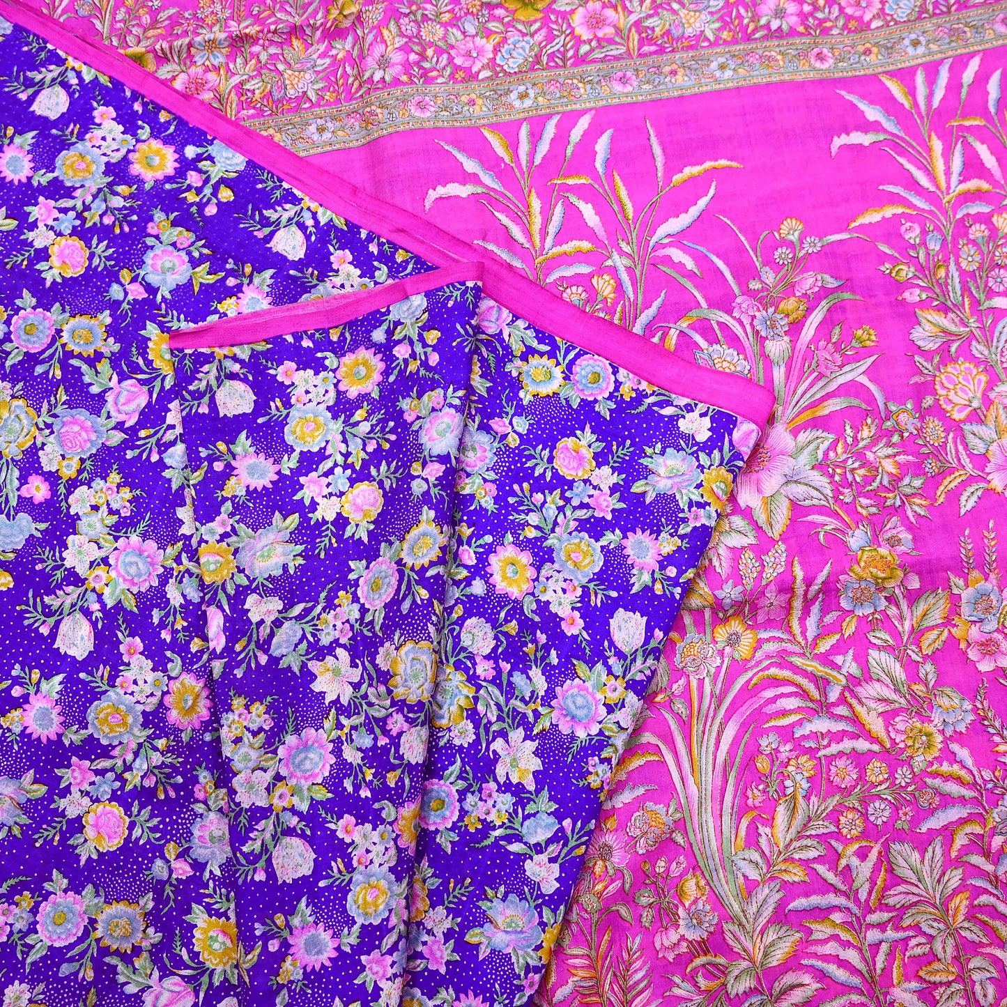 Indian Vintage Pure Silk Saree Fabric Purple & Pink Floral Print Silk 5 Yards Boho Textile for Sewing, Quilting Upcycling Crafts