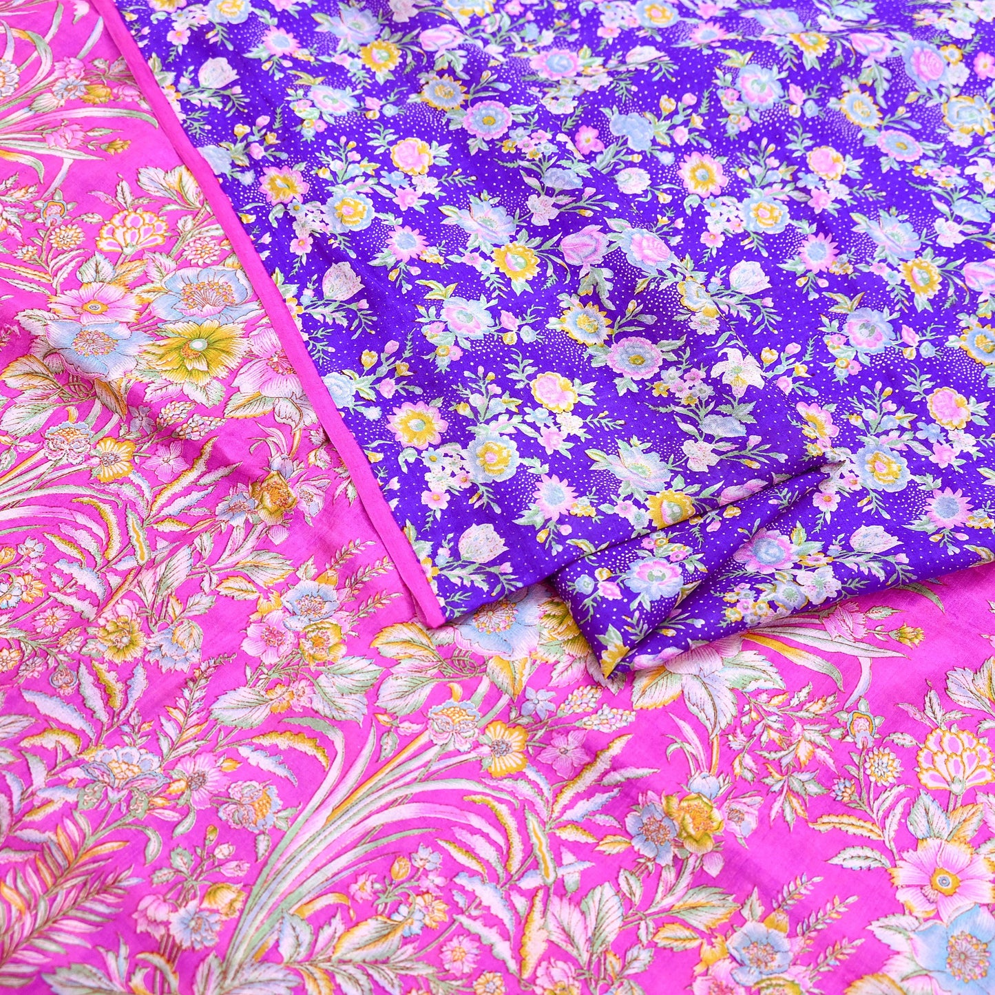Indian Vintage Pure Silk Saree Fabric Purple & Pink Floral Print Silk 5 Yards Boho Textile for Sewing, Quilting Upcycling Crafts