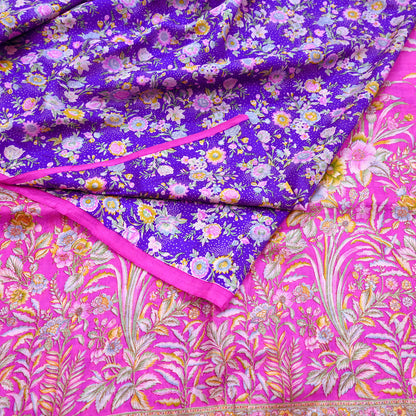 Indian Vintage Pure Silk Saree Fabric Purple & Pink Floral Print Silk 5 Yards Boho Textile for Sewing, Quilting Upcycling Crafts