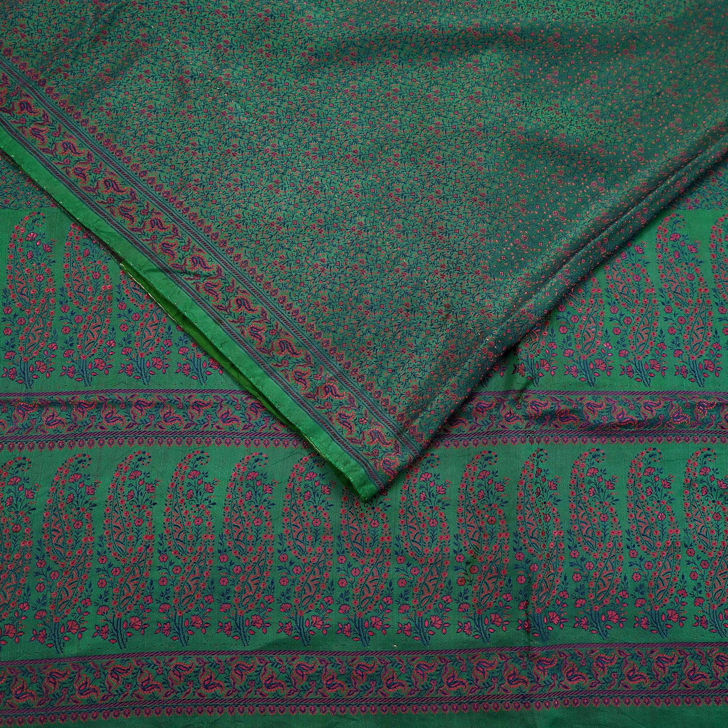 Vintage Green Banarasi Silk Saree Pure Satin Silk Handwoven Tanchoi Fabric with Paisley Weave 5 Yard Dressmaking Craft Material