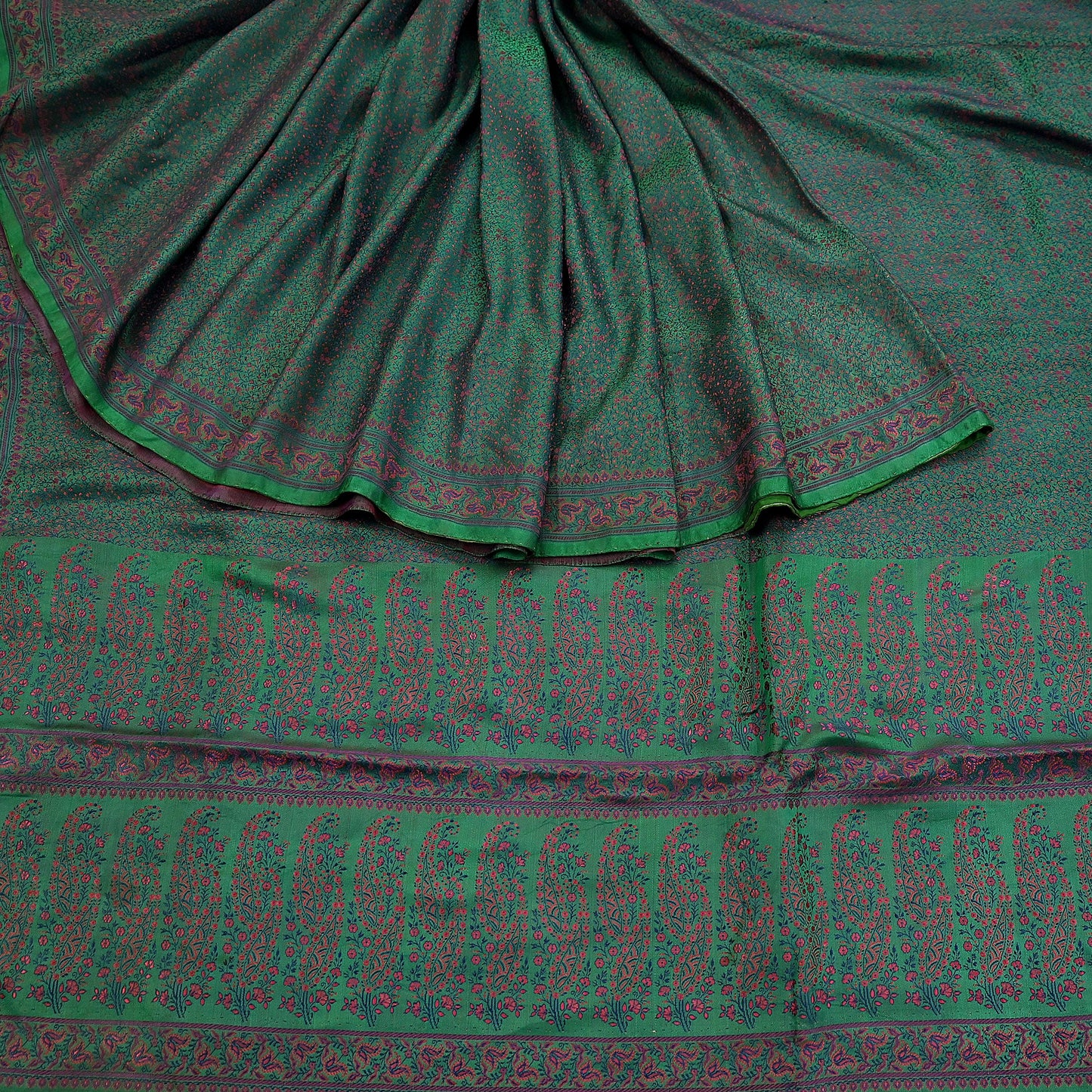 Vintage Green Banarasi Silk Saree Pure Satin Silk Handwoven Tanchoi Fabric with Paisley Weave 5 Yard Dressmaking Craft Material