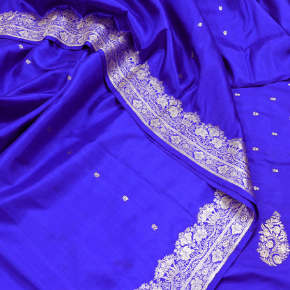 Vintage Royal Blue Banarasi Silk Saree Pure Satin Silk Brocade Fabric with Gold Zari 6 Yard Indian Wedding Craft Material