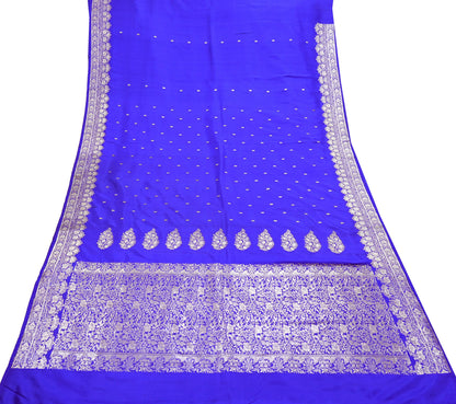 Vintage Royal Blue Banarasi Silk Saree Pure Satin Silk Brocade Fabric with Gold Zari 6 Yard Indian Wedding Craft Material