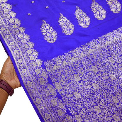 Vintage Royal Blue Banarasi Silk Saree Pure Satin Silk Brocade Fabric with Gold Zari 6 Yard Indian Wedding Craft Material