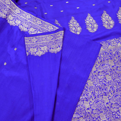 Vintage Royal Blue Banarasi Silk Saree Pure Satin Silk Brocade Fabric with Gold Zari 6 Yard Indian Wedding Craft Material