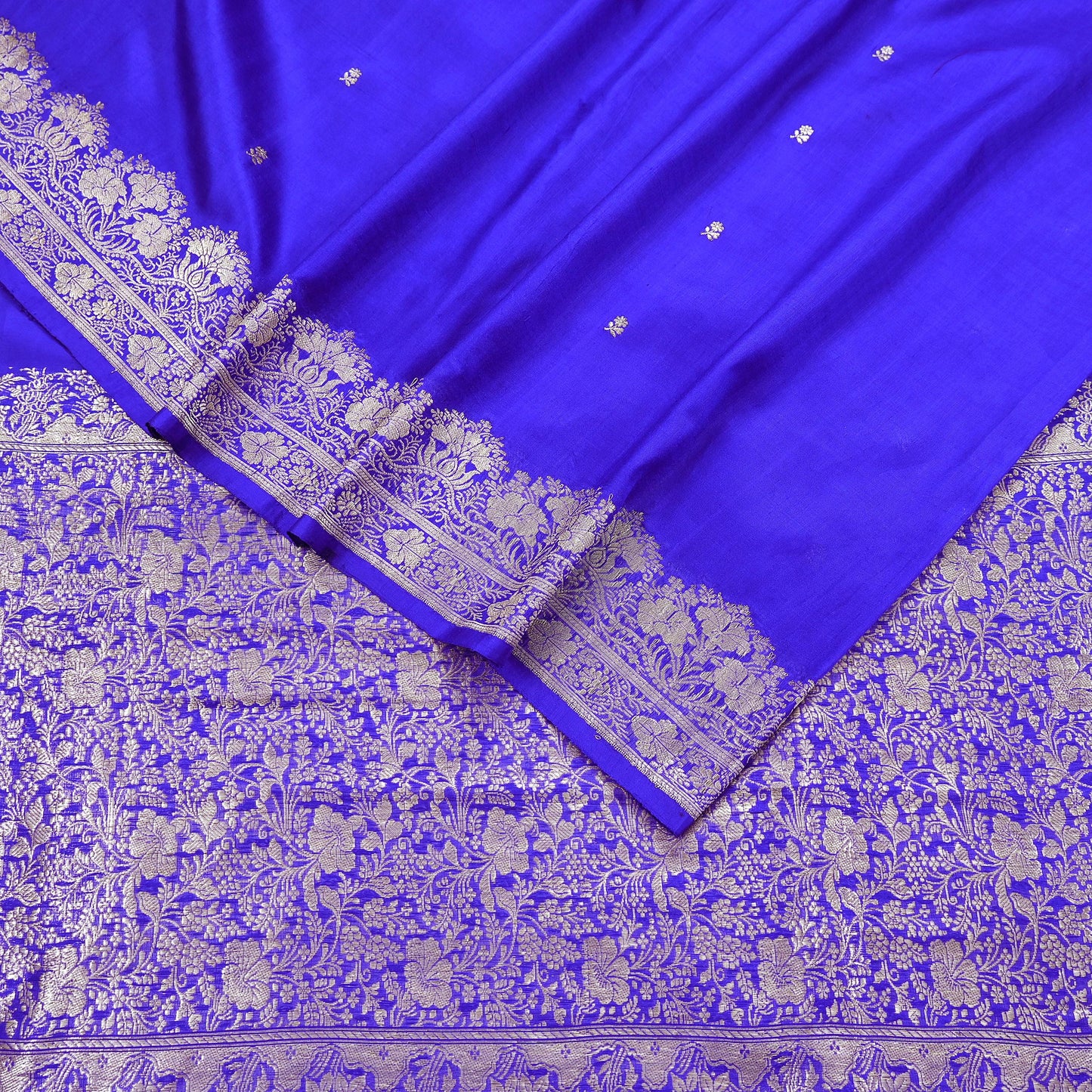 Vintage Royal Blue Banarasi Silk Saree Pure Satin Silk Brocade Fabric with Gold Zari 6 Yard Indian Wedding Craft Material