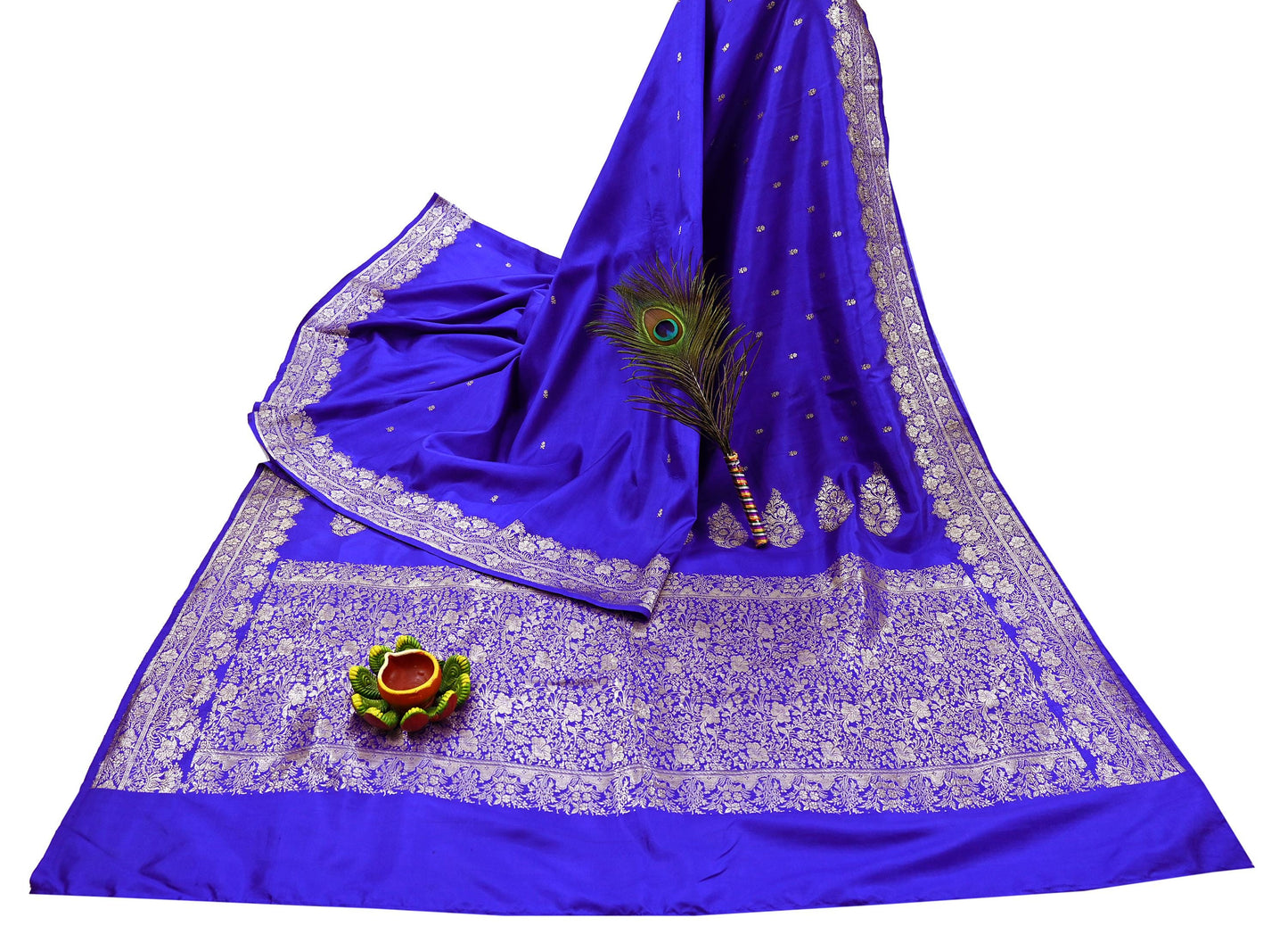 Vintage Royal Blue Banarasi Silk Saree Pure Satin Silk Brocade Fabric with Gold Zari 6 Yard Indian Wedding Craft Material