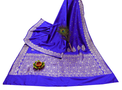 Vintage Royal Blue Banarasi Silk Saree Pure Satin Silk Brocade Fabric with Gold Zari 6 Yard Indian Wedding Craft Material