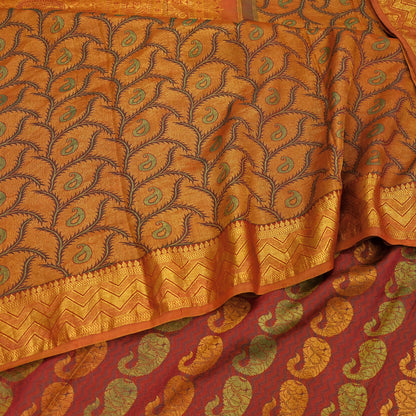 Vintage Kanjivaram Silk Saree Green Saffron Pure Silk Zari Fabric Indian Handwoven 5Yd Craft Material Dressmaking Textile