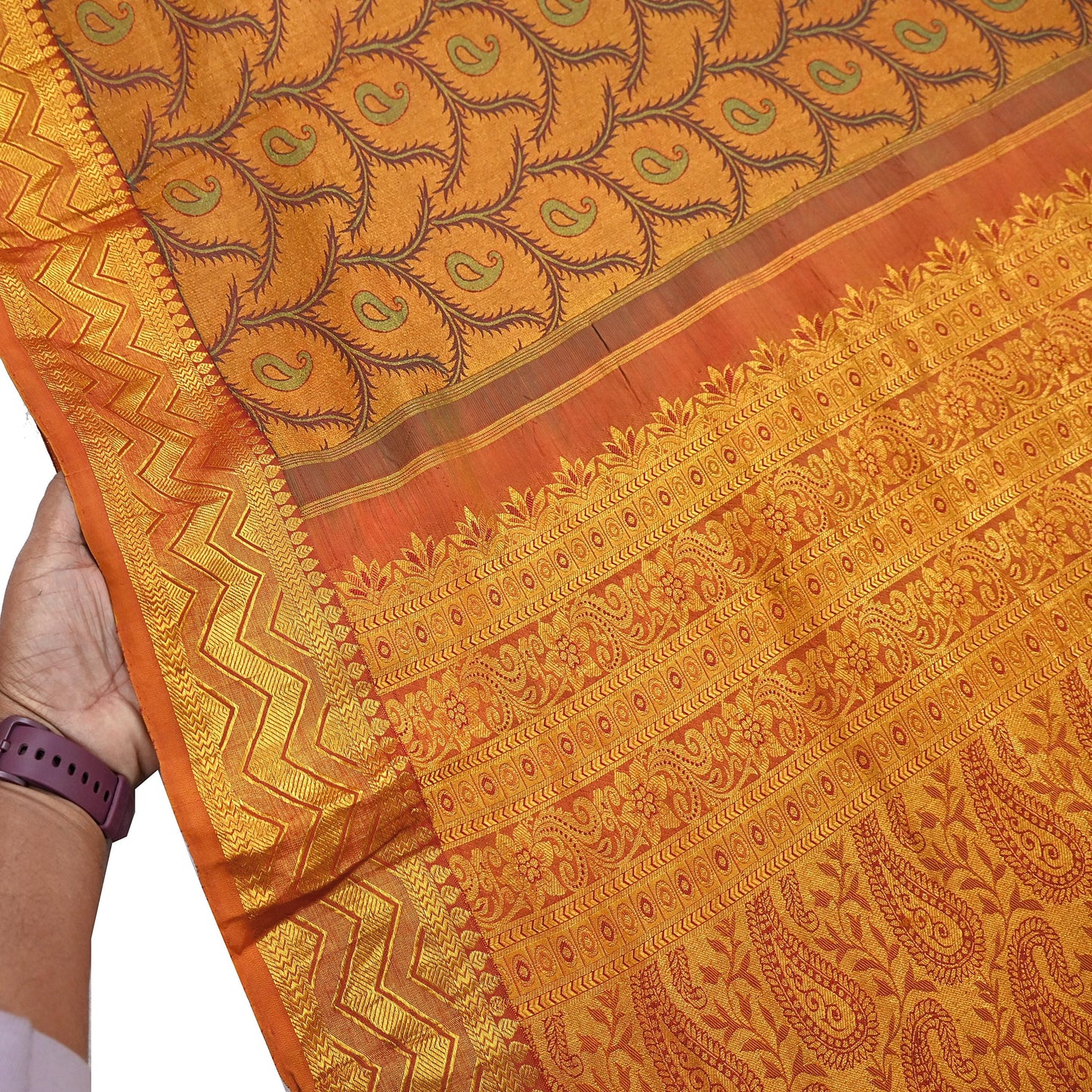 Vintage Kanjivaram Silk Saree Green Saffron Pure Silk Zari Fabric Indian Handwoven 5Yd Craft Material Dressmaking Textile