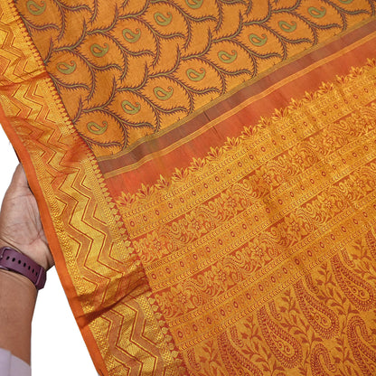 Vintage Kanjivaram Silk Saree Green Saffron Pure Silk Zari Fabric Indian Handwoven 5Yd Craft Material Dressmaking Textile