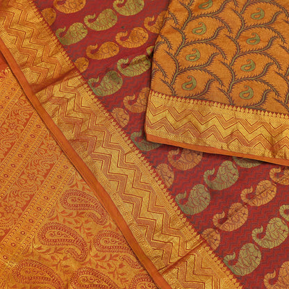 Vintage Kanjivaram Silk Saree Green Saffron Pure Silk Zari Fabric Indian Handwoven 5Yd Craft Material Dressmaking Textile