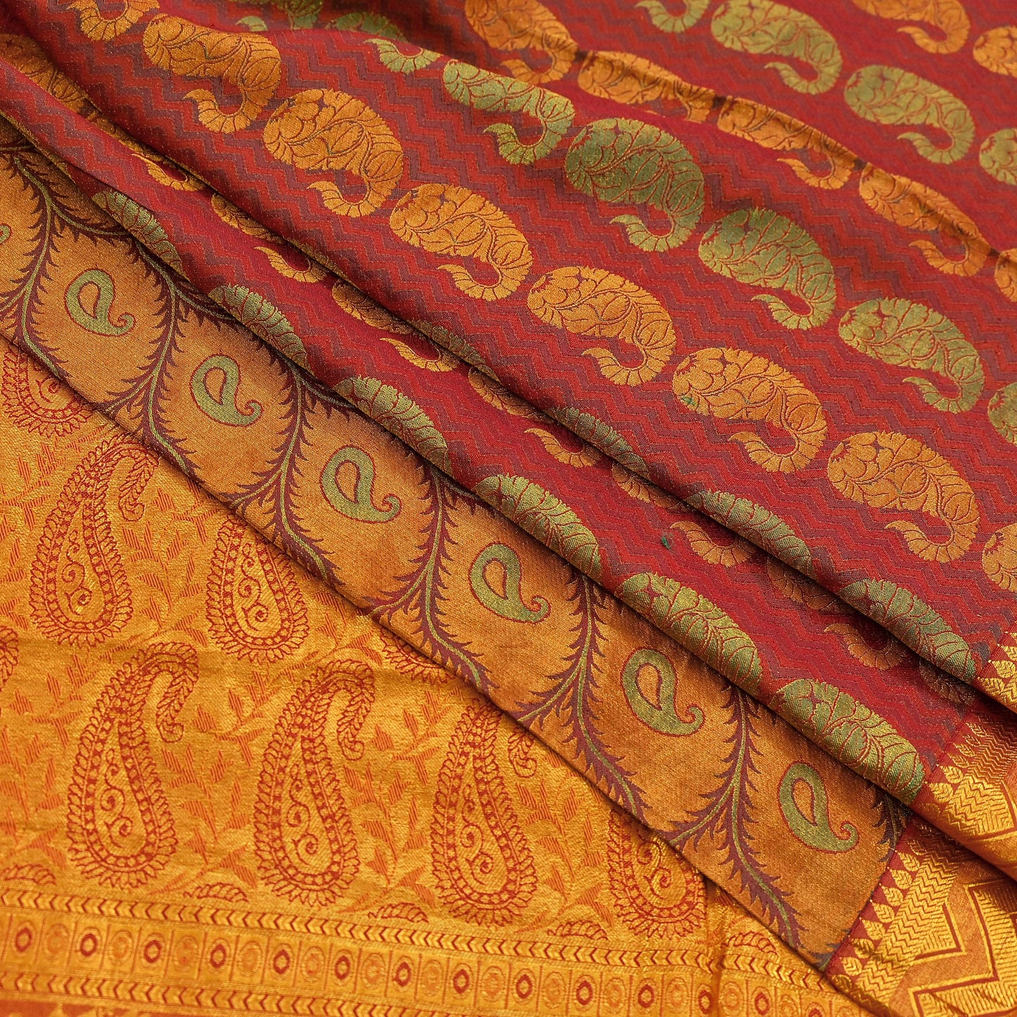 Vintage Kanjivaram Silk Saree Green Saffron Pure Silk Zari Fabric Indian Handwoven 5Yd Craft Material Dressmaking Textile