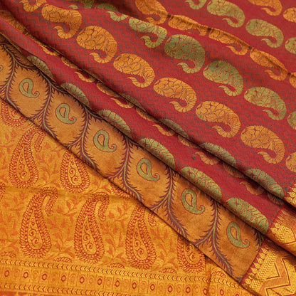 Vintage Kanjivaram Silk Saree Green Saffron Pure Silk Zari Fabric Indian Handwoven 5Yd Craft Material Dressmaking Textile