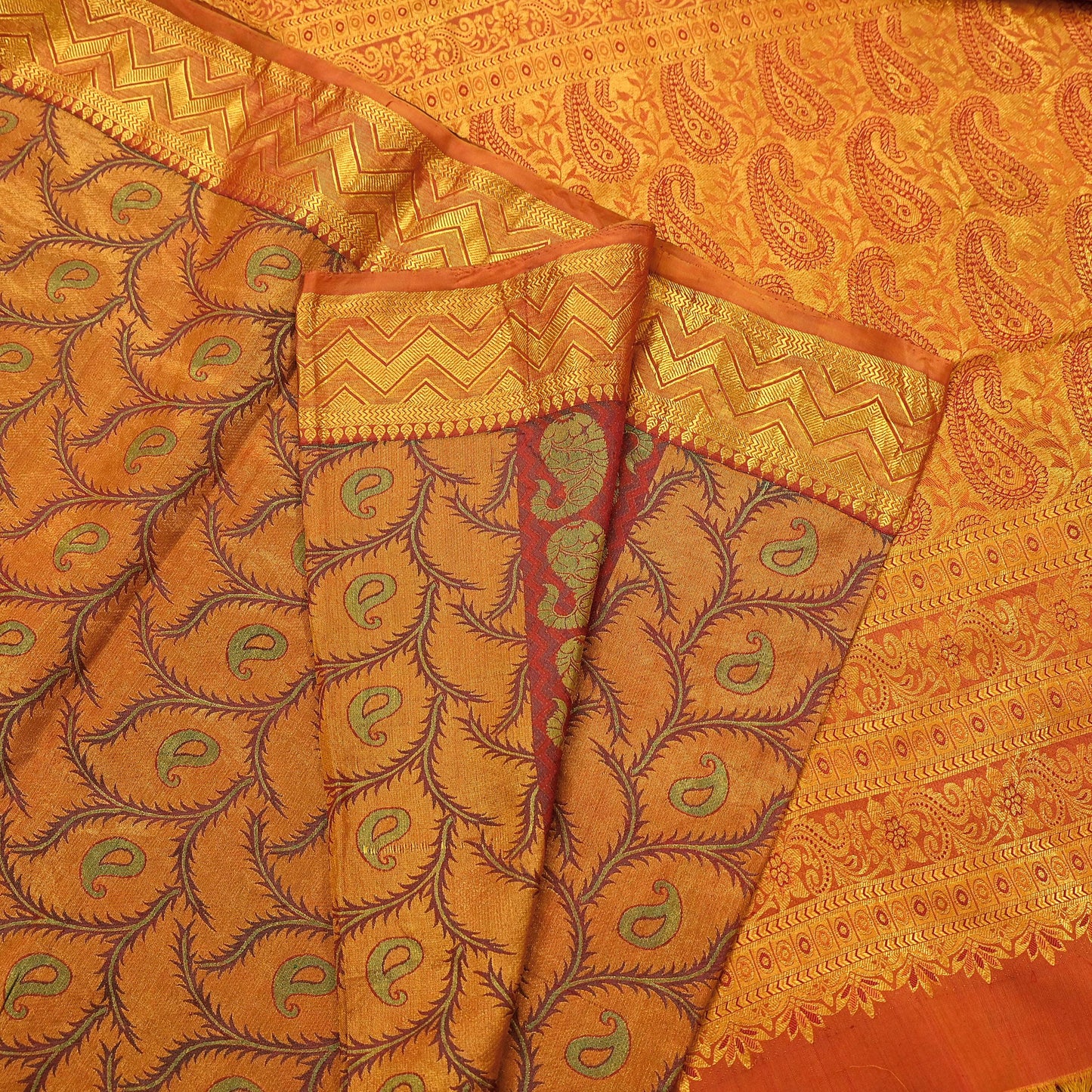 Vintage Kanjivaram Silk Saree Green Saffron Pure Silk Zari Fabric Indian Handwoven 5Yd Craft Material Dressmaking Textile