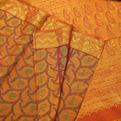 Vintage Kanjivaram Silk Saree Green Saffron Pure Silk Zari Fabric Indian Handwoven 5Yd Craft Material Dressmaking Textile