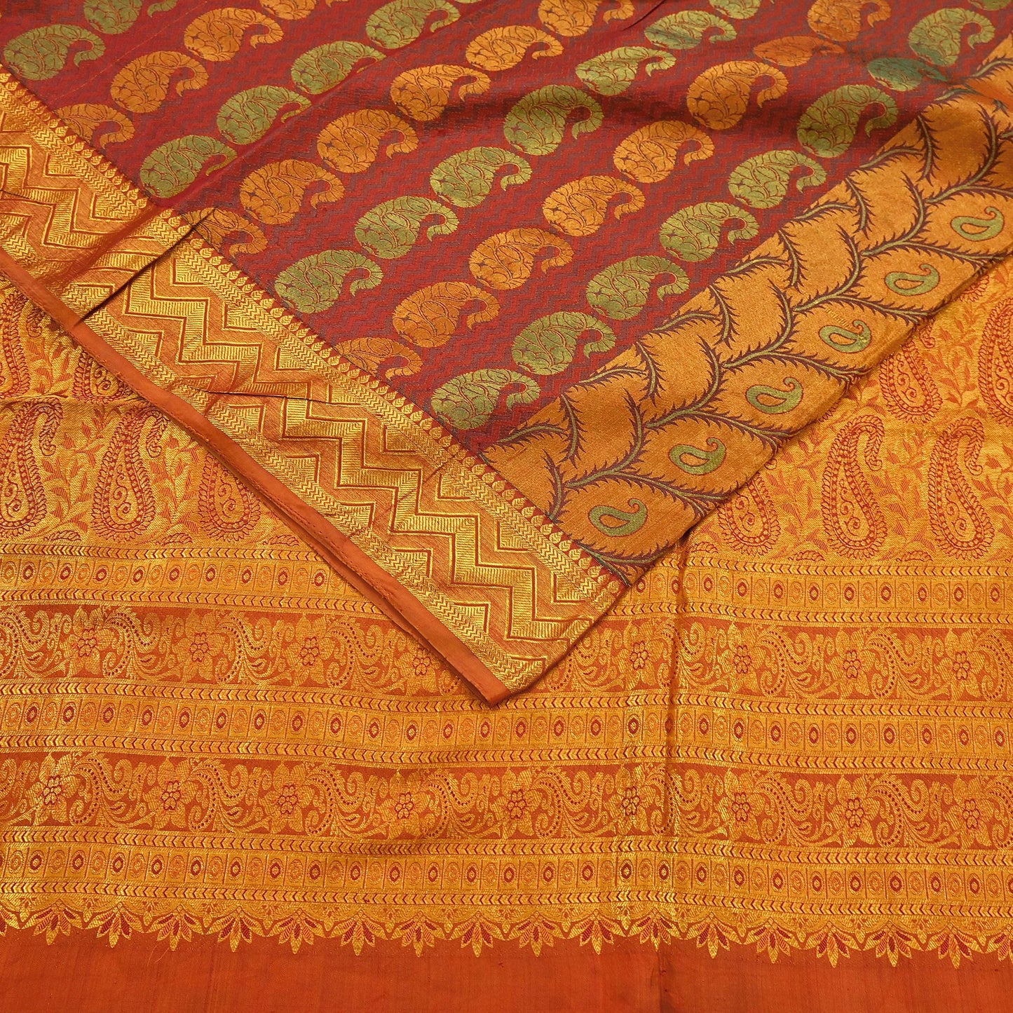 Vintage Kanjivaram Silk Saree Green Saffron Pure Silk Zari Fabric Indian Handwoven 5Yd Craft Material Dressmaking Textile