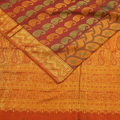 Vintage Kanjivaram Silk Saree Green Saffron Pure Silk Zari Fabric Indian Handwoven 5Yd Craft Material Dressmaking Textile