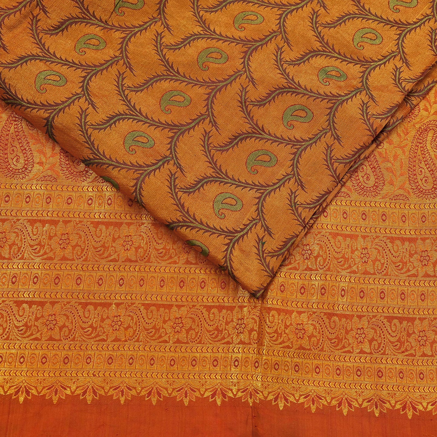 Vintage Kanjivaram Silk Saree Green Saffron Pure Silk Zari Fabric Indian Handwoven 5Yd Craft Material Dressmaking Textile