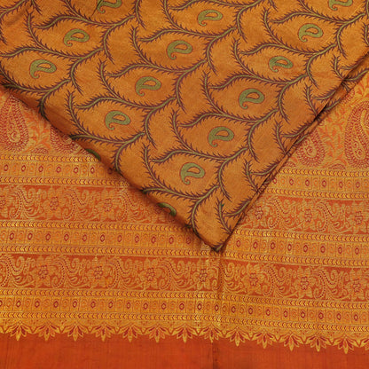Vintage Kanjivaram Silk Saree Green Saffron Pure Silk Zari Fabric Indian Handwoven 5Yd Craft Material Dressmaking Textile