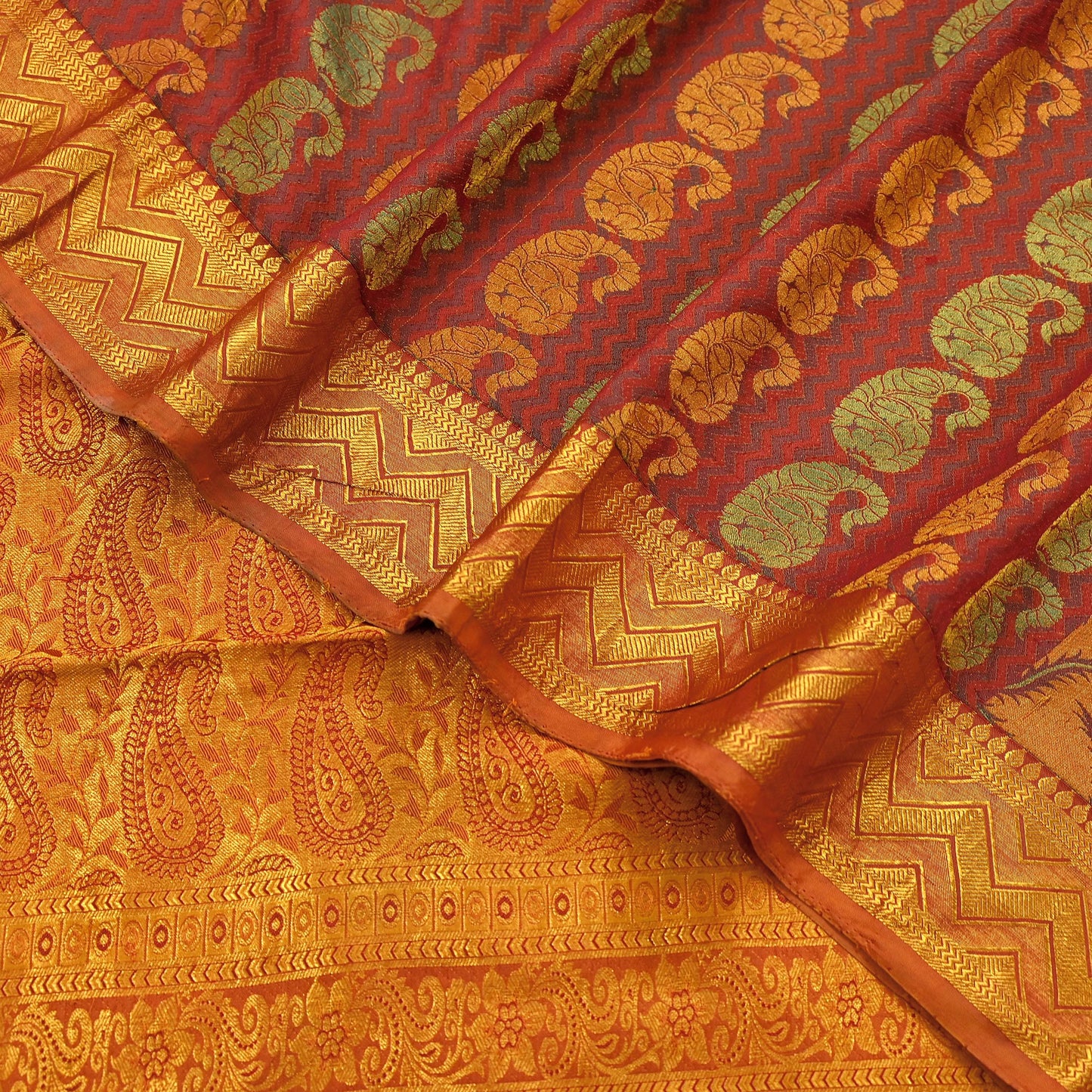 Vintage Kanjivaram Silk Saree Green Saffron Pure Silk Zari Fabric Indian Handwoven 5Yd Craft Material Dressmaking Textile