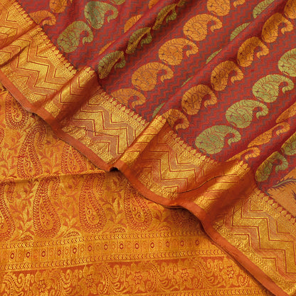 Vintage Kanjivaram Silk Saree Green Saffron Pure Silk Zari Fabric Indian Handwoven 5Yd Craft Material Dressmaking Textile